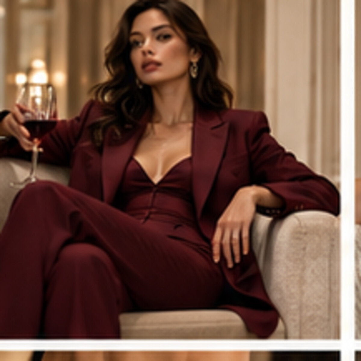 Oxblood suit and evening lounge styling