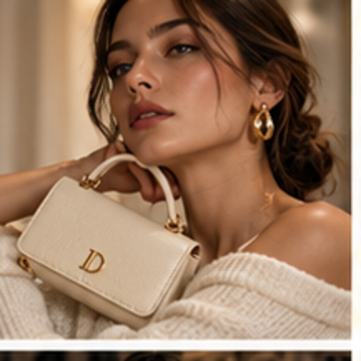 Ivory purse styled with soft knitwear