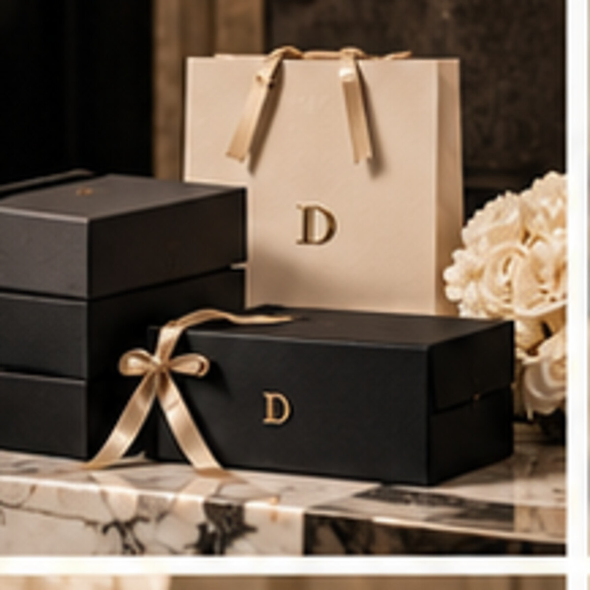 DEMETER packaging with black and ivory boxes