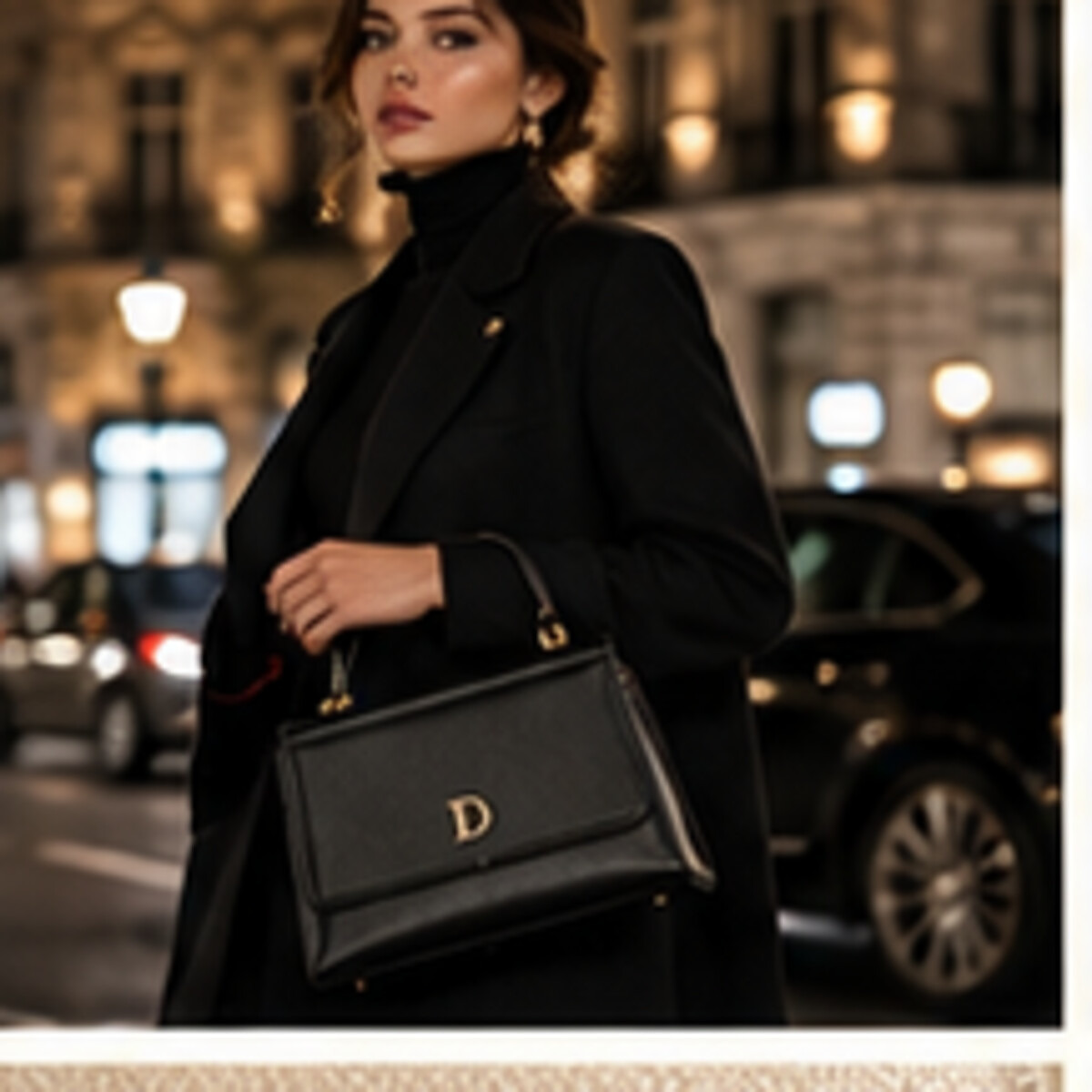Black coat and DEMETER handbag at night