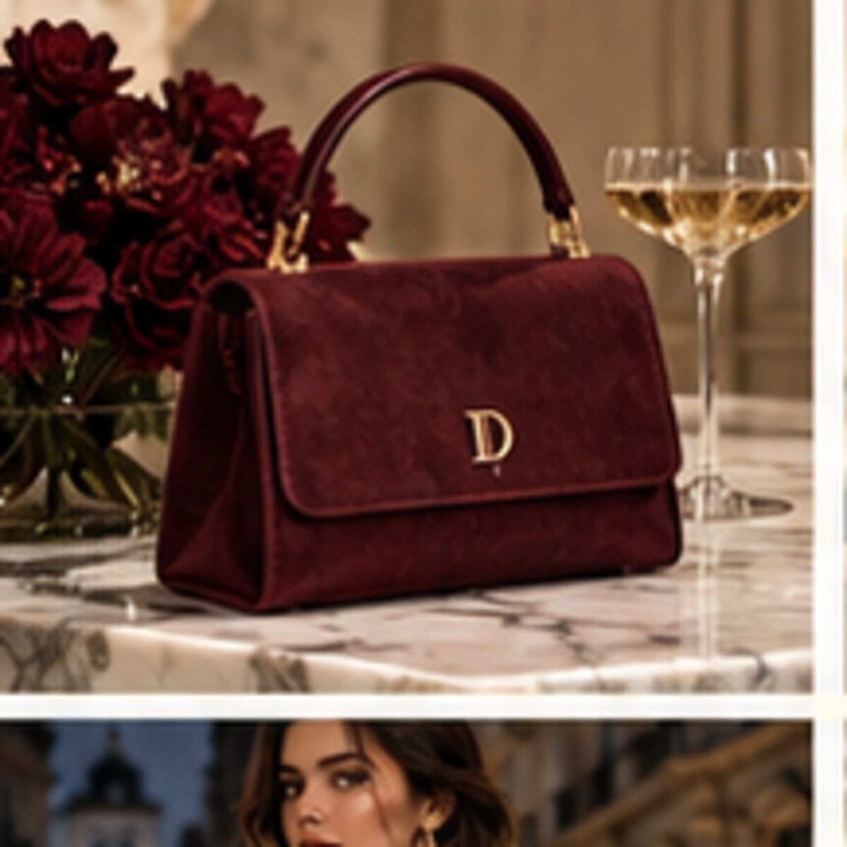 Oxblood handbag beside evening flowers