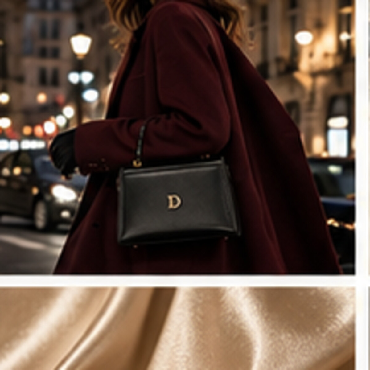 Oxblood coat and black purse street edit