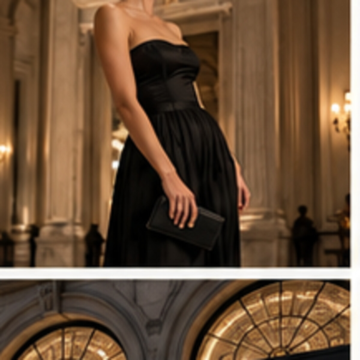 Black cocktail dress in grand interior