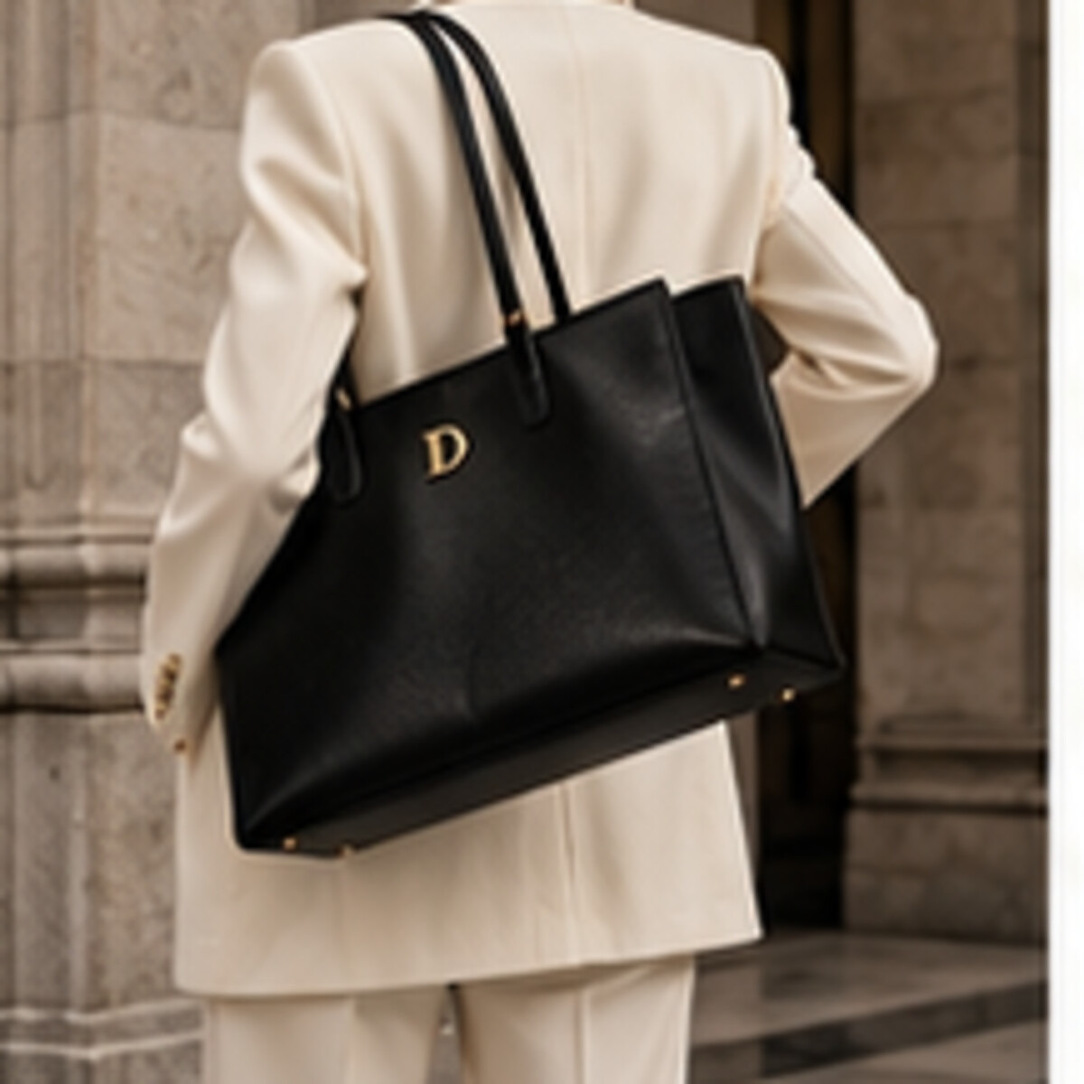 Ivory suit with black DEMETER tote
