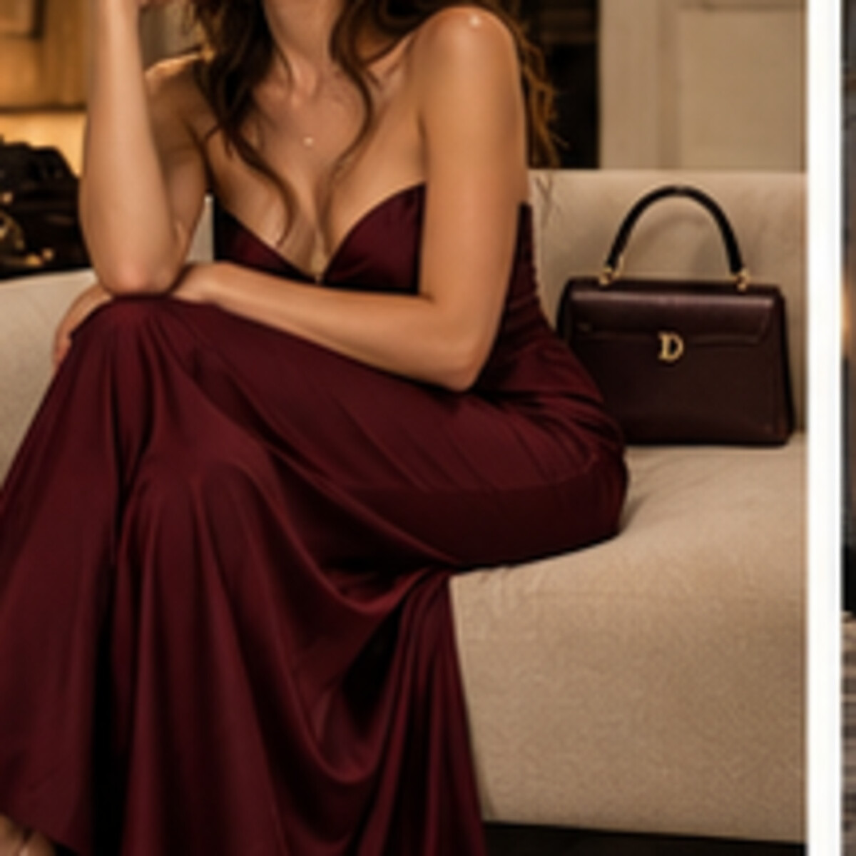 Oxblood evening dress and matching handbag