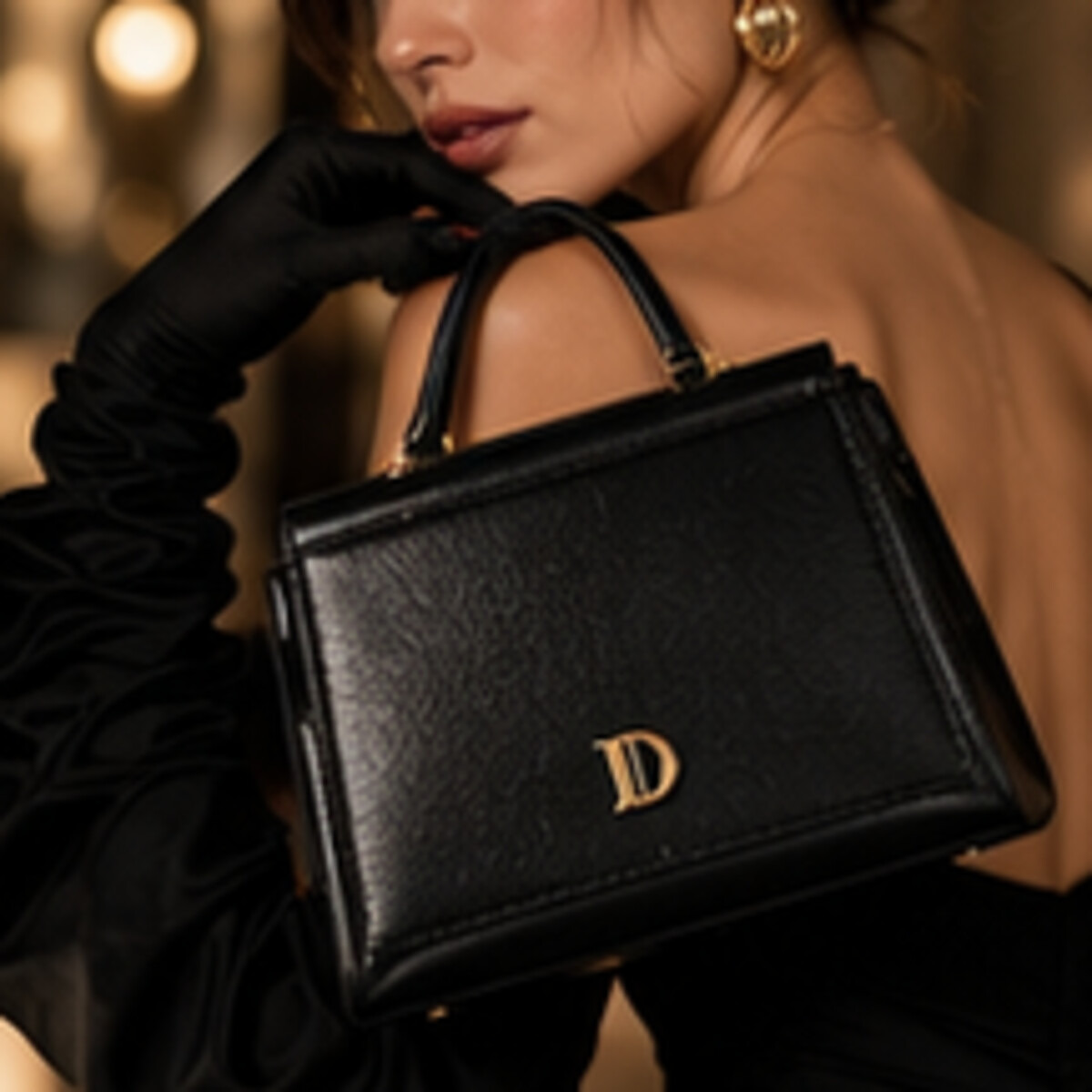 Black handbag with DEMETER mark and gloves