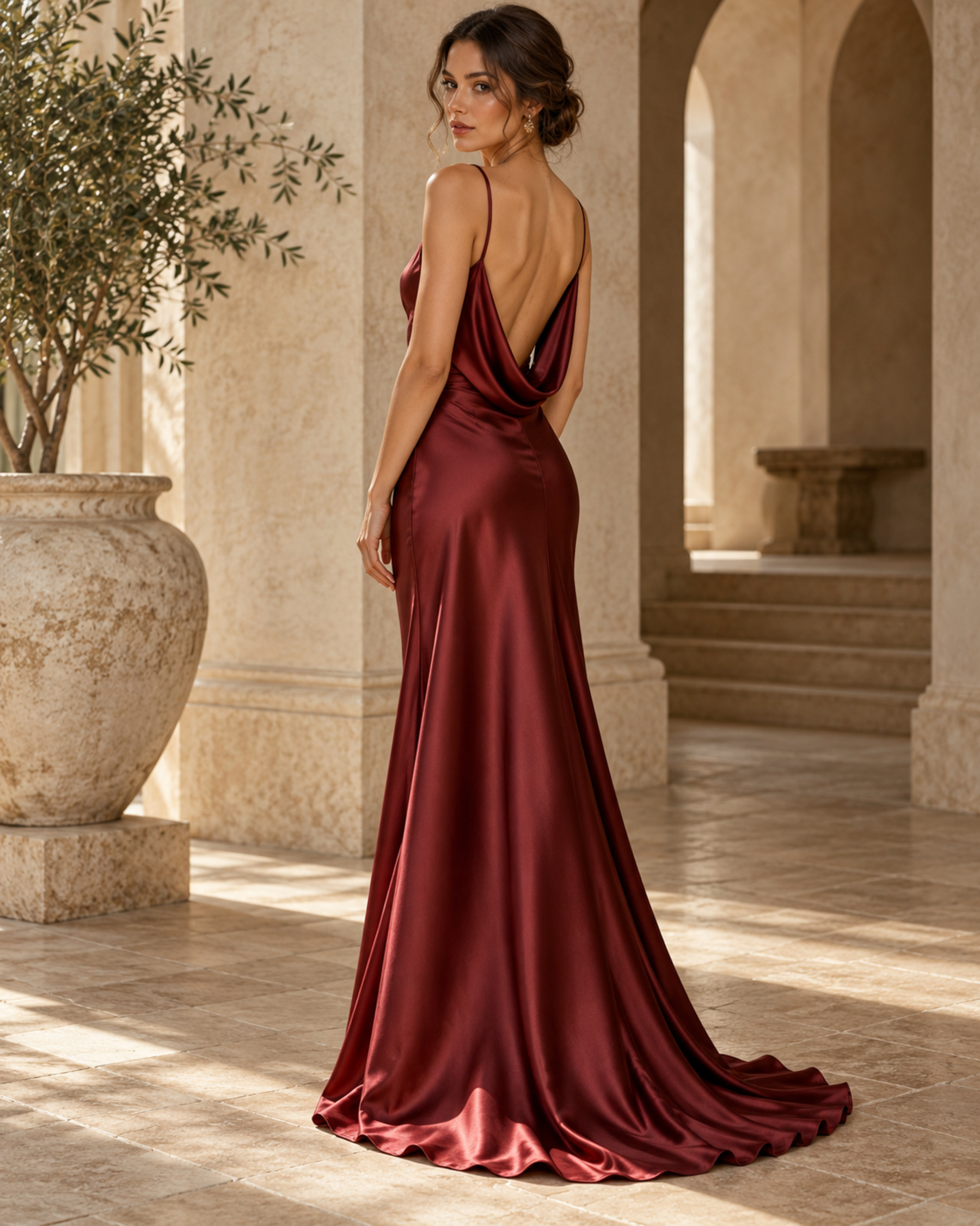 Oxblood satin evening dress with city backdrop
